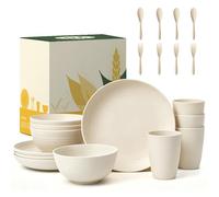 Wrova Set di stoviglie da 20 pezzi, piatti e ciotole con forchette e cucchiai, indistruttibili, per 4 persone, lavabili in lavastoviglie e adatte al microonde, stoviglie per campeggio, camper, beige