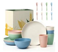 Wrova Set di stoviglie per 4 persone, set di piatti infrangibili, 20 pezzi, con forchette e cucchiai, lavabili in lavastoviglie e adatte al microonde, in plastica, per scuola, feste, compleanni