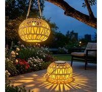 WRQIOO 2 Lampade Solari In Rattan Per Esterni Da Appendere A Energia Solare Con IP65 Resistente Alle Intemperie Boho Con Maglia Per Giardino Terrazza