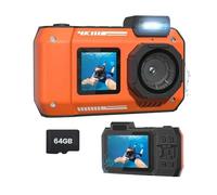 Wrtysully Fotocamera Impermeabile 4K 65MP Fotocamera Subacquea con Scheda 64G, per Snorkeling Autofocus Selfie Doppio Schermo Arancione
