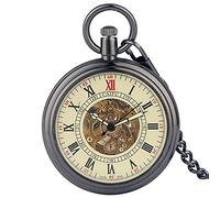 WRVCSS Automatic winding mechanical pocket watch Open face Roman numerals luminous hands hollow clock Pendant pocket watch Accessories gift Black