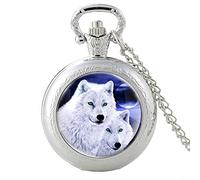 WRVCSS Wolf Head Design Glass Cabochon Quartz Pocket Watch Pendant Necklace Chain Clock Necklace Clock Silver