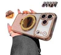 WRYHAUL Gradient Glitter Holder Makeup Mirror Protective Case for iPhone 17/16/15 Series, 2026 New Magnetic Kickstand Glitter Case with Camera Protector and Invisible Stand (15Pro,Gold)