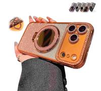WRYHAUL Gradient Glitter Holder Makeup Mirror Protective Case for iPhone 17/16/15 Series, 2026 New Magnetic Kickstand Glitter Case with Camera Protector and Invisible Stand (17Pro,Orange)