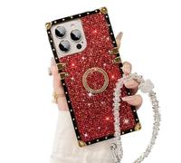 WRYHAUL Snowdoves-TM Sparkle Crystal Bracelet for iPhone Case, Clear Diamond Glitter Bling Sparkle Case, Four Corners Electroplated Magnetic Stand Protective Cover (15 PRO,Red)
