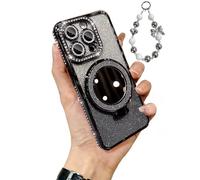 WRYHAUL Sparkling Diamond Women's Phone Case with Mirror & Stand for iPhone 17 Pro Max, Luxury Bling Crystal Rhinestone Phone Case with Sparkle Crystal Bracelets (16,Black)