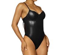 Wsdsgz Tuta modellante traspirante con spalline sottili Corsetto con scollo a V Controllo addominale PU Perizoma Body Shaper per le donne PU Shapewear Body Control Pancia, Nero , XL