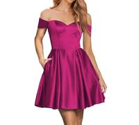 WSEYU Abiti da ballo corti con spalle scoperte per adolescenti abito da ballo corto abito da cocktail in raso con tasche, Rosa acceso, 44