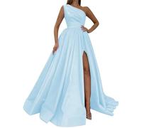 WSEYU Abiti da ballo in raso monospalla con spacco lungo abito da sera formale abito da ballo con tasche, Blu cielo, 50