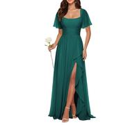 WSEYU Abiti da damigella d'onore a maniche corte per le donne pieghettate increspature chiffon lungo abito da sera formale con fessura ZMKI847, Pavone, 24 Più