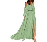 WSEYU Abiti da damigella d'onore a spalla fredda per abito formale a maniche lunghe con abito da sera in chiffon con perline a fessura, Verde salvia., 42