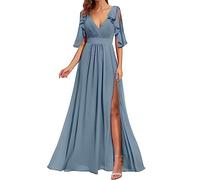 WSEYU Abiti da damigella d'onore con maniche a volant per matrimonio con fessura in chiffon aperto indietro lunghi abiti da ballo con tasche, Blu polvere., 52