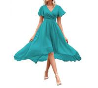 WSEYU Abiti da damigella d'onore corti con scollo a V Abiti da ballo a pieghe in chiffon alto-basso con tasche, Blu acqua, 48