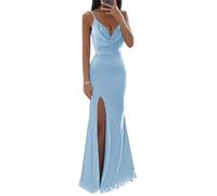 WSEYU Abiti da damigella d'onore della sirena del raso Abiti da ballo con scollo ad anello con fessura, Azzurro, 34