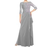 WSEYU Abiti da Sposa per la Madre della Sposa per il Matrimonio Lunghi con Maniche a 3/4 Ricami in Pizzo Pieghe Abiti per la Madre dello Sposo con Scollo a Barchetta, Argento, 46
