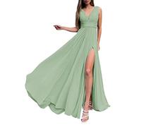 WSEYU Abiti per ospiti con scollo a V per ragazzi senza maniche in chiffon A-Line con cinturino spaghetti ad alta spacco 2023 abito da ballo formale, Verde salvia, 46