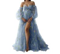 WSEYU Abiti premaman in tulle con ricamo floreale per servizio fotografico a maniche lunghe per baby shower, Blu polvere., 40