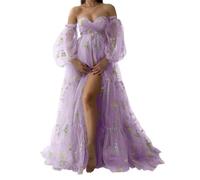 WSEYU Abiti premaman in tulle con ricamo floreale per servizio fotografico a maniche lunghe per baby shower, Viola, 58 Più