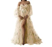 WSEYU Abiti premaman in tulle con ricamo floreale per servizio fotografico a maniche lunghe per baby shower, Champagne, 42