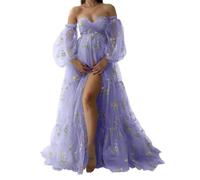 WSEYU Abiti premaman in tulle con ricamo floreale per servizio fotografico a maniche lunghe per baby shower, Lavanda, 58 Più
