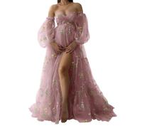 WSEYU Abiti premaman in tulle con ricamo floreale per servizio fotografico a maniche lunghe per baby shower, Rosa polvere, 44