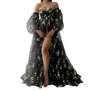 WSEYU Abiti premaman in tulle con ricamo floreale per servizio fotografico a maniche lunghe per baby shower, Nero , 58 Più