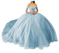 WSEYU Abiti Quinceanera con paillettes scintillanti abiti da concorso con spalle scoperte in pizzo con abito da ballo in tulle gonfio principessa treno, blu cielo, 44