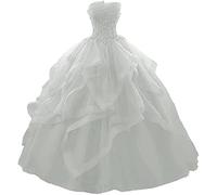 WSEYU Abito da ballo lungo con ruches e perline per Quinceanera, senza spalline, in pizzo, in tulle, con perline, abito da principessa da sera, Argento, 38