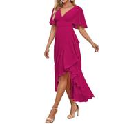 WSEYU Abito da damigella d'onore alto basso abito da sposa chiffon sirena manica corta abito da festa formale, Fucsia, 48