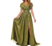 WSEYU Abito da damigella d'onore con maniche ad aletta scintillante abiti da ballo con scollo a V Una linea di paillettes formale abito da sera con fessura ZMKI670, Metallo, 44