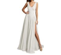 WSEYU Abito da damigella d'onore da donna, in chiffon, con spacco, con volant, taglie forti, avorio, 50