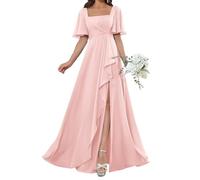 WSEYU Abito da damigella d'onore da donna, in chiffon, con spacco, pieghettato, taglie forti, Rosa cipria, 38