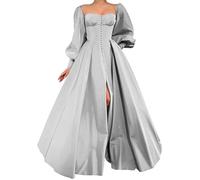 WSEYU Abito da damigella d'onore da donna, in raso, con spacco e pieghe, abito da cocktail taglie forti, Argento, 52