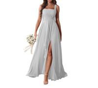 WSEYU Abito da damigella d'onore in chiffon da donna, per matrimonio, con spacco, abito da ballo, con volant, abito da cerimonia in chiffon, nero, Argento, 42