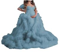 WSEYU Abito in tulle gonfio per servizio fotografico maternità scollo a V spalle scoperte illusione lingerie da sposa camicia da notte baby shower abito, Blu polvere., 54 Più