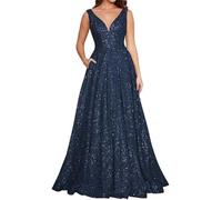 WSEYU Abito lungo formale con paillettes da donna per matrimonio e cerimonie, con pieghe, abito da cocktail con tasche, nero, blu navy, 62 Più