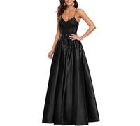 WSEYU Appliques Pizzo Abito da Damigella d'onore Spalline Spaghetti Abiti da ballo in Raso Formale Sera Partito Abito da Sfera con Spacco ZMKI615, Nero , 24 Più
