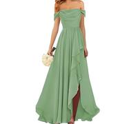 WSEYU Fuori dalla spalla abiti da damigella d'onore con fessura pieghettato chiffon abiti da ballo lungo abito da sera formale ZM018, Verde salvia, 42