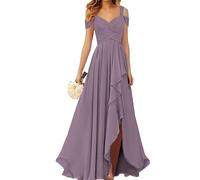 WSEYU Fuori dalla spalla abiti da damigella d'onore con fessura pieghettato chiffon abiti da ballo lungo abito da sera formale ZM017, Glicine, 50