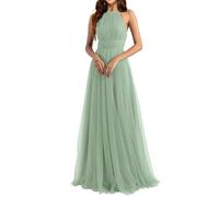 WSEYU Halter Abiti da damigella d'onore da donna lunghi in tulle A-Line pieghe abiti formali per matrimonio, Verde salvia, 44