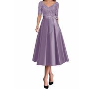 WSEYU Manica Mezza Madre della Sposa Abiti per lo Sposo in Pizzo con Applique Formali da Sera Abiti per la Nonna Lunghezza Tè ZMKI541, 44