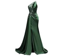 WSEYU Paillettes Pizzo Abito da Damigella D'Onore Una Spalla Prom Dresses Satin Formale Sera Partito Abito da Sfera con Spacco ZMKI395, Verde smeraldo, 44