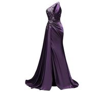 WSEYU Paillettes Pizzo Abito da Damigella D'Onore Una Spalla Prom Dresses Satin Formale Sera Partito Abito da Sfera con Spacco ZMKI395, Uva, 48