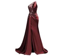 WSEYU Paillettes Pizzo Abito da Damigella D'Onore Una Spalla Prom Dresses Satin Formale Sera Partito Abito da Sfera con Spacco ZMKI395, Borgogna, 44