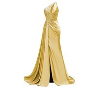 WSEYU Paillettes Pizzo Abito da Damigella D'Onore Una Spalla Prom Dresses Satin Formale Sera Partito Abito da Sfera con Spacco ZMKI395, Oro, 42