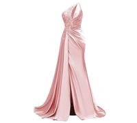 WSEYU Paillettes Pizzo Abito da Damigella D'Onore Una Spalla Prom Dresses Satin Formale Sera Partito Abito da Sfera con Spacco ZMKI395, rosa, 48