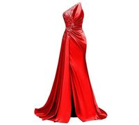 WSEYU Paillettes Pizzo Abito da Damigella D'Onore Una Spalla Prom Dresses Satin Formale Sera Partito Abito da Sfera con Spacco ZMKI395, Rosso, 64 Più