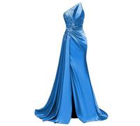 WSEYU Paillettes Pizzo Abito da Damigella D'Onore Una Spalla Prom Dresses Satin Formale Sera Partito Abito da Sfera con Spacco ZMKI395, Blu, 38
