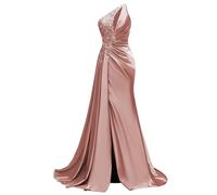 WSEYU Paillettes Pizzo Abito da Damigella D'Onore Una Spalla Prom Dresses Satin Formale Sera Partito Abito da Sfera con Spacco ZMKI395, Rosa polvere, 54 Più