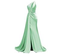 WSEYU Paillettes Pizzo Abito da Damigella D'Onore Una Spalla Prom Dresses Satin Formale Sera Partito Abito da Sfera con Spacco ZMKI395, Menta, 64 Più